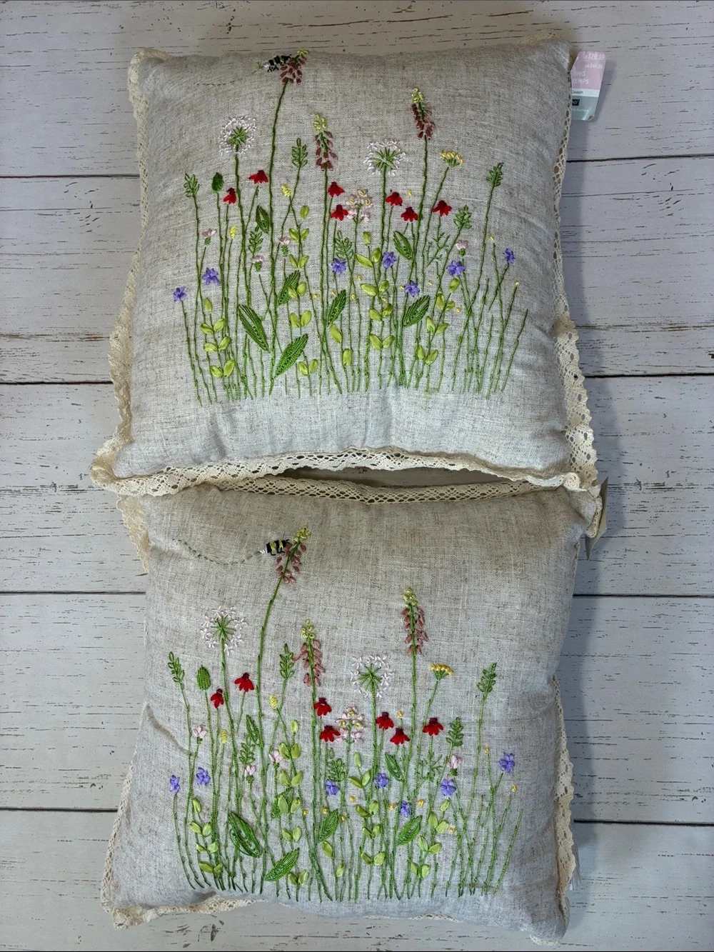 Set of 2 Ashland Embroidered Wildflower Floral Pillows with Crochet Trim, NWT